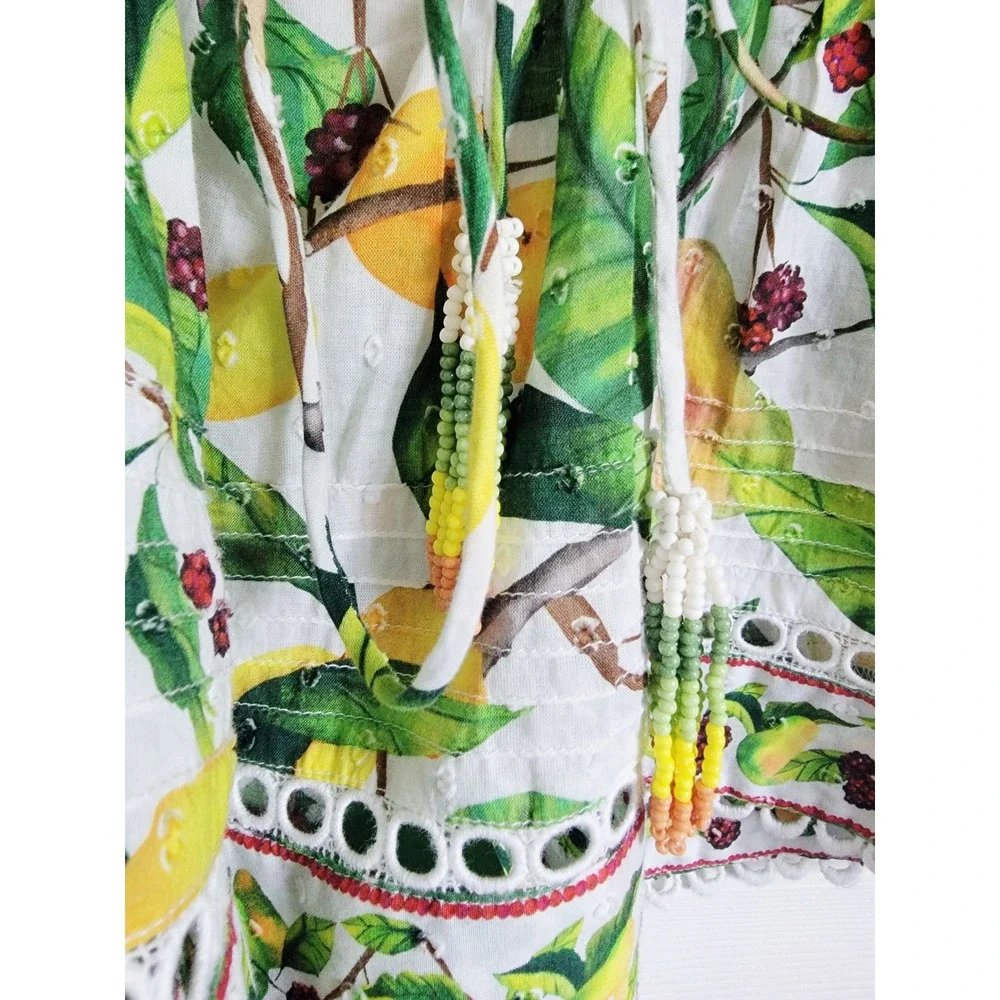 Farm Rio Women's Puff Sleeve Lace Up Back Fruit Orchard Blouse XS NWT‎ RV $165